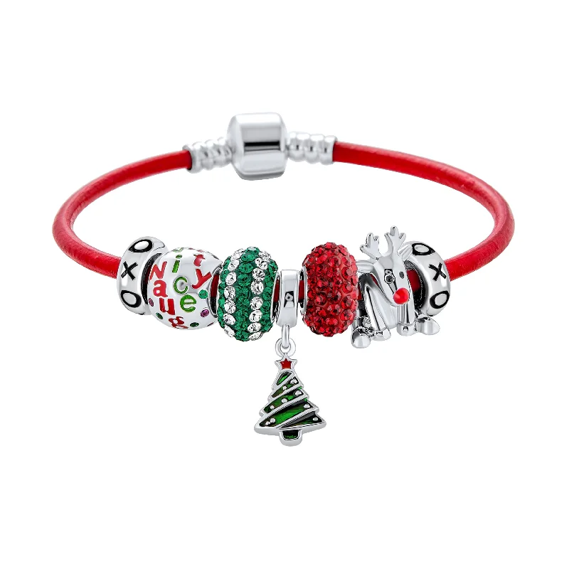 Chamm Bracelets with positive energyChristmas Tree Charm Bracelet with Rudolf Reindeer & Red Leather Sterling Silver Clasp