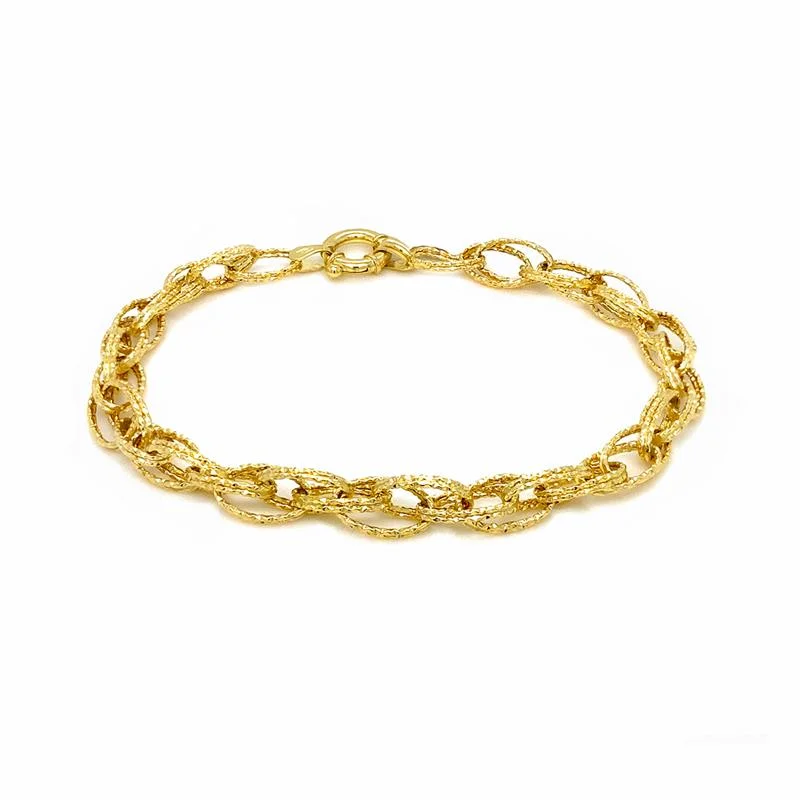 Solid Gold Bangles with Intricate Floral Engravings for a Luxurious Look9K Yellow Gold Double Oval Textured Link Bracelet /7.5"