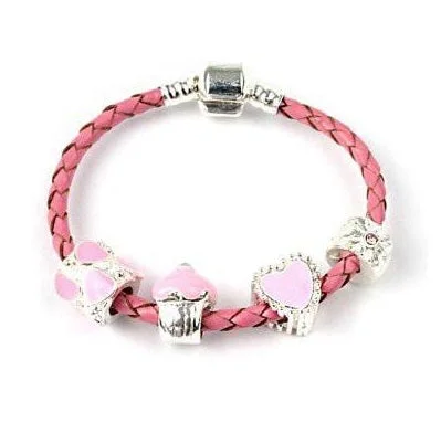 Chamm Bracelets with natural materialsChildren's 'Love and Kisses' Silver Plated Pink Leather Charm Bead Bracelet