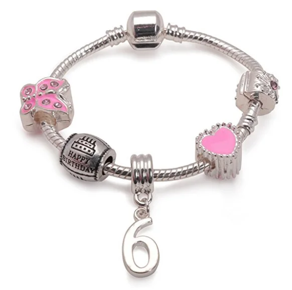 Personalized Chamm BraceletsChildren's Pink 'Happy 6th Birthday' Silver Plated Charm Bead Bracelet