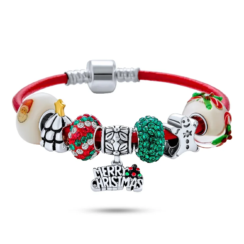 Chamm Bracelets with gemstonesMerry Christmas Tree Charm Bracelet with Santa Gingerbread and Candy Cane Beads