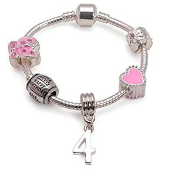 Chamm Bracelets for yoga loversChildren's Pink 'Happy 4th Birthday' Silver Plated Charm Bead Bracelet