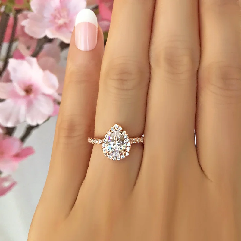 Adjustable Engagement Rings with a Flexible Band and a Princess - Cut Center Diamond1.5 ctw Pear Halo Ring - Rose GP