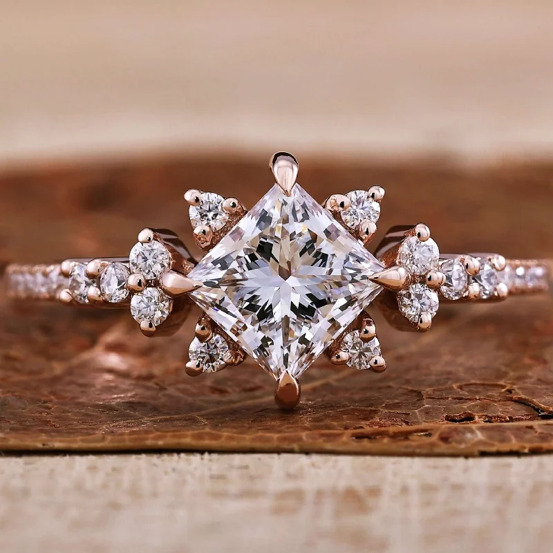 Signature - Design Engagement Rings with a Brand - Exclusive Pattern and Premium Diamonds1 CT Princess Cut Lab Grown Diamond Unique Compass Prong Setting Engagement Ring