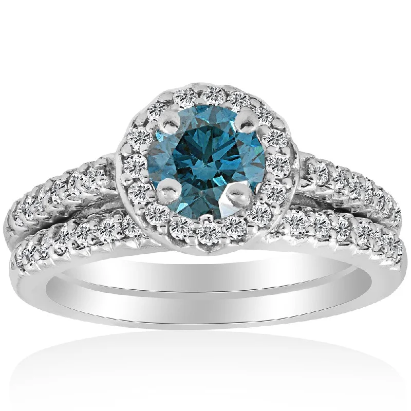 Two - Tone Gold and Silver Wedding Bands with a Twist Design for a Contemporary and Eye - Catching Style10k White Gold 7/8ct Round Halo Blue Diamond Engagement Matching Ring Wedding Band Set