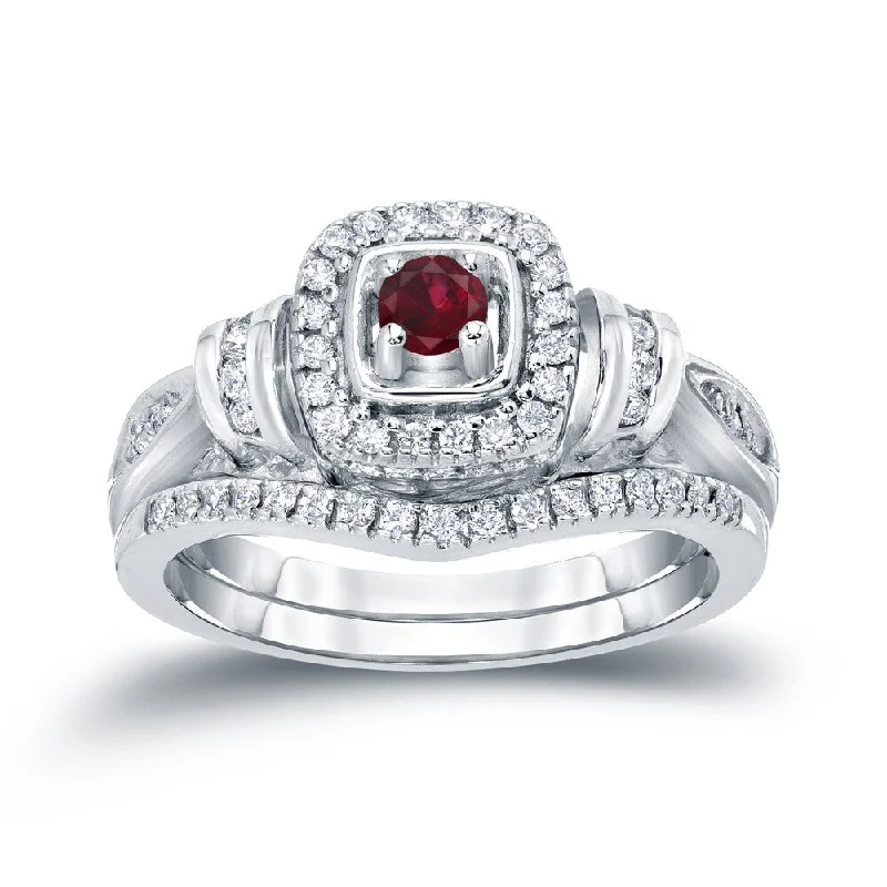 Cushion - Cut Halo Engagement Rings with a Platinum Band and Micro - Pave Details14k Gold 1/5ct Ruby and 1/3ct TDW Diamond Engagement Ring Set