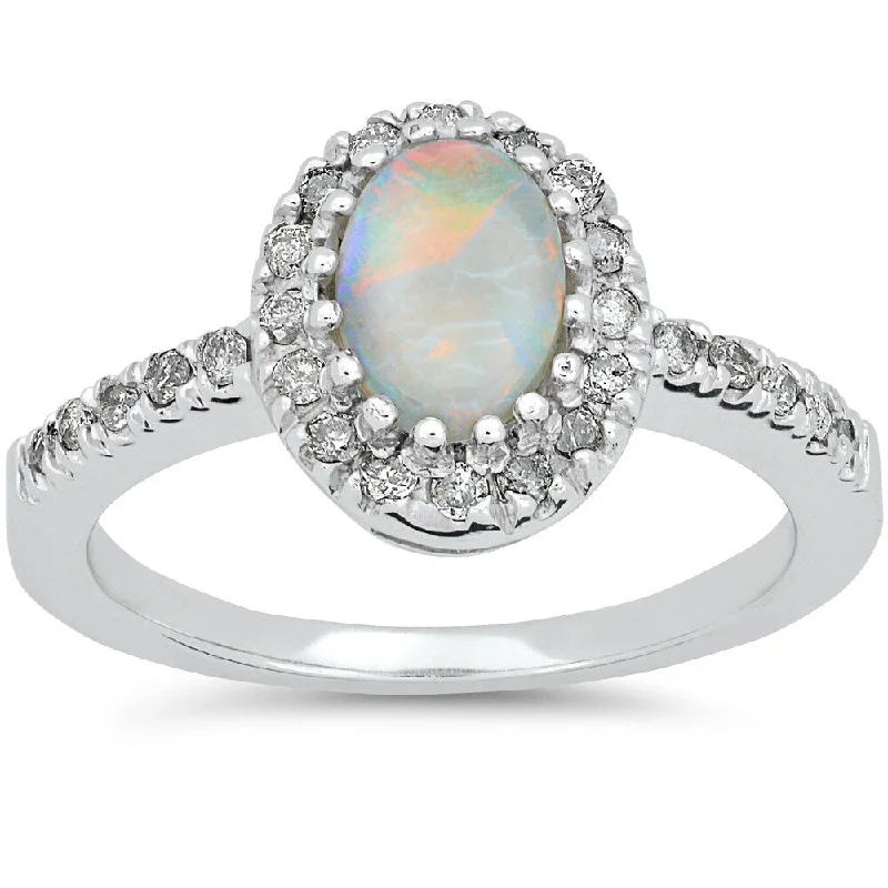 Pearl - and - Diamond - Studded Wedding Bands in White Gold for a Feminine and Elegant Touch14k White Gold 1/4ct TDW Oval Opal & Diamond Halo Engagement Ring