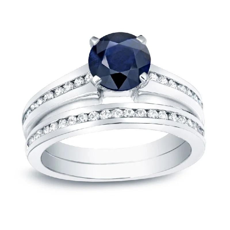 Cushion - Cut Halo Engagement Rings with a Platinum Band and Micro - Pave DetailsAuriya Platinum 3/4ct Round Blue Sapphire and 3/4ctw Diamond Engagement Ring Set