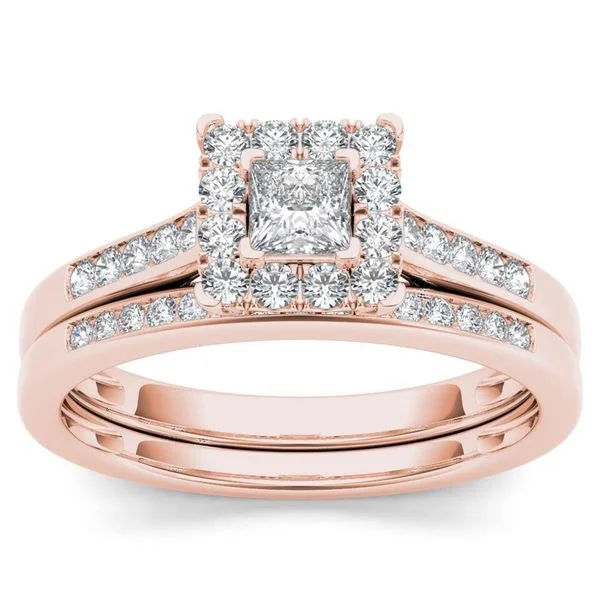 Vintage - Inspired Engagement Rings with Filigree Work and Emerald - Cut Center StoneDe Couer 10k Rose Gold 1/2ct TDW Diamond Halo Engagement Ring Set with One Band - Pink