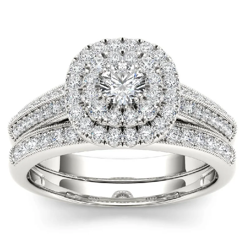 Cluster Engagement Rings with Multiple Small Diamonds Arranged in a Stunning DesignDe Couer 10k White Gold 7/8ct TDW Diamond Double Halo Engagement Ring Set with One Band - White H-I