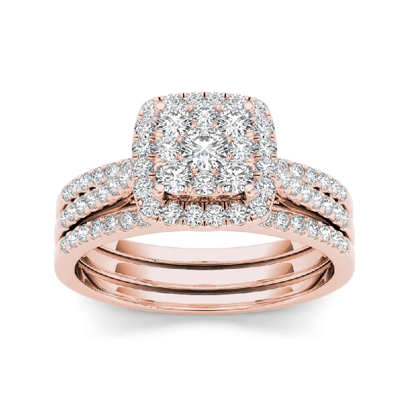 Three - Stone Engagement Rings Symbolizing Love's Past, Present, and Future with Asscher - Cut DiamondsDe Couer IGI Certified 10k Rose Gold 1ct TDW Diamond Cluster Engagement Ring Set with Two Bands - Pink