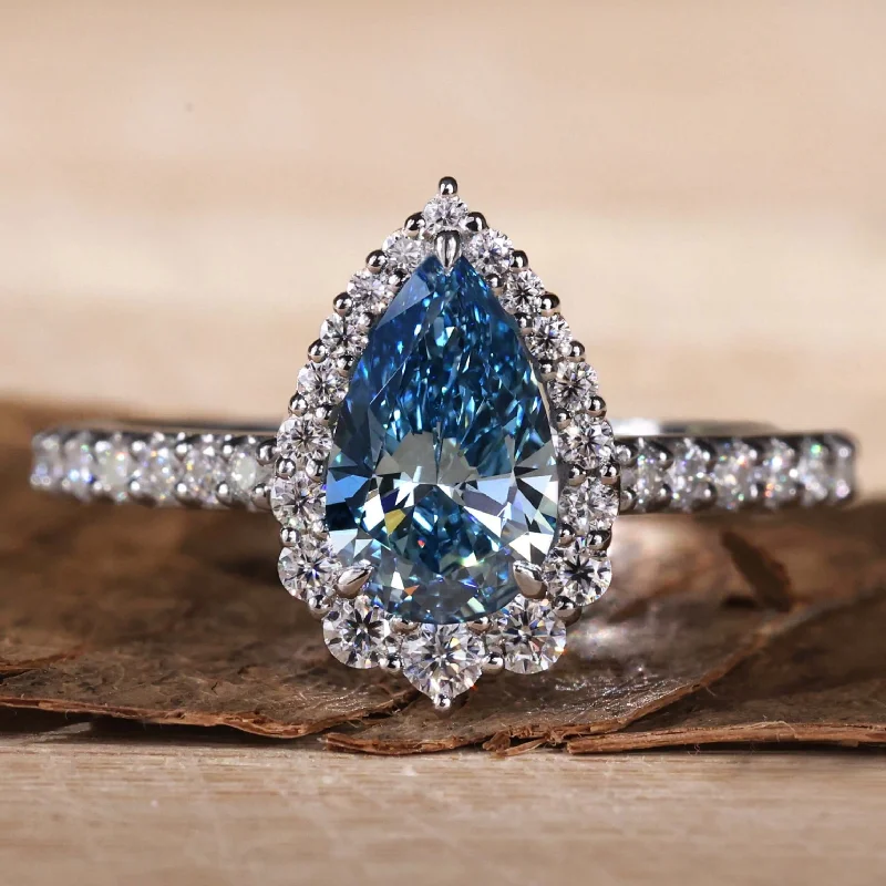 Vintage Cluster Engagement Rings with Antique - Cut Diamonds and Silver Filigree1.01 CT Pear Blue Diamond Ring, Pear Lab Grown Blue Diamond Engagement Ring