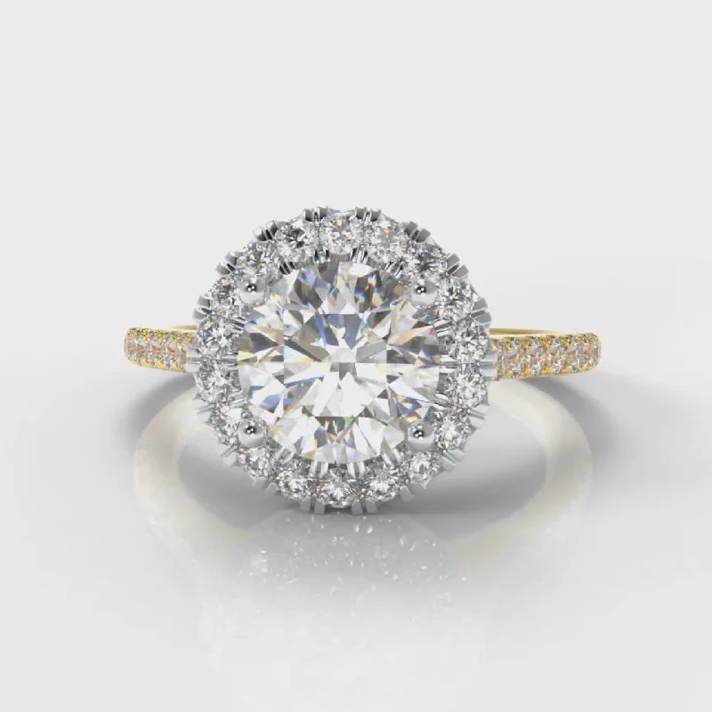 Vintage - Inspired Engagement Rings with Filigree Work and Emerald - Cut Center StonePetite Micropavé Round Brilliant Cut Diamond Halo Engagement Ring - Two Tone Yellow Gold