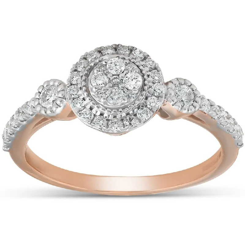 Rose Gold - Plated Engagement and Wedding Band Sets with a Halo of Cubic Zirconia for a Glamorous and Affordable LookPompeii3 10k Rose Gold 1/2 Ct TDW Diamond Round Halo Engagement Vintage Ring