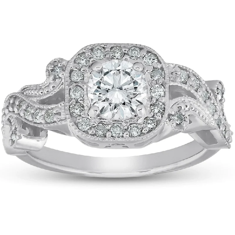 Art Deco - Inspired Wedding Bands with Geometric Patterns in Platinum for a Retro and Glamorous StylePompeii3 14k White Gold 1 Ct TDW Diamond Cushion Halo Vintage Vine Petal Engagement Ring