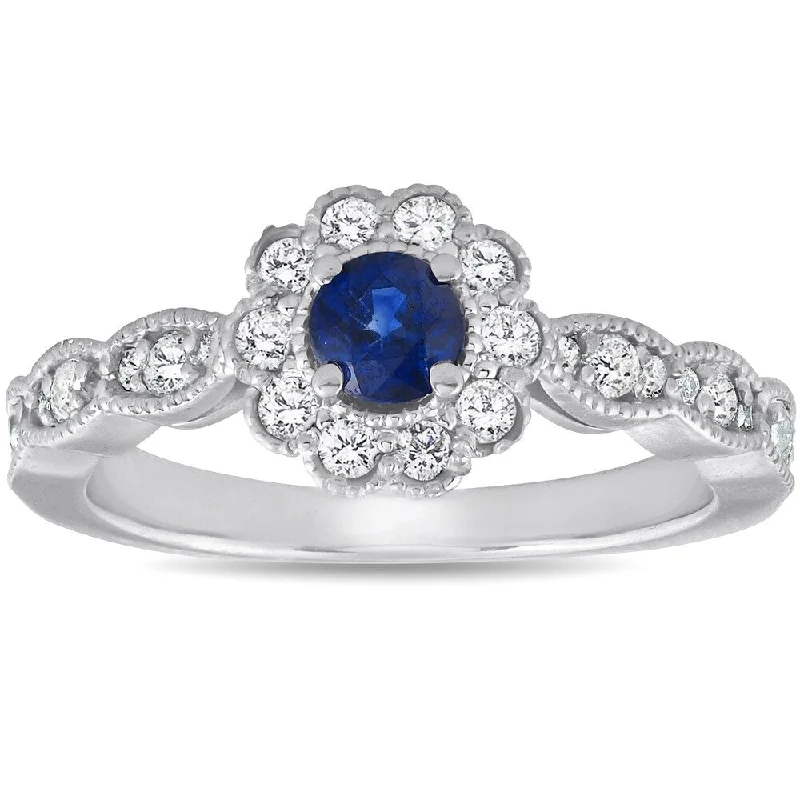 18K White Gold Classic Round - Cut Diamond Wedding Bands for a Timeless and Elegant LookPompeii3 14k White Gold 5/8 Ct TW Genuine Blue Sapphire & Diamond Halo Engagement Anniversary Ring