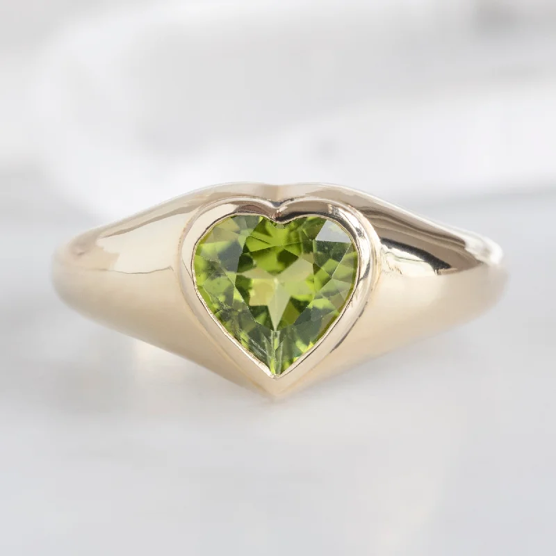 Cushion - Cut Halo Engagement Rings with a Platinum Band and Micro - Pave DetailsThe Signet Ring | 1.39ct Heart Peridot in 14K Yellow Gold