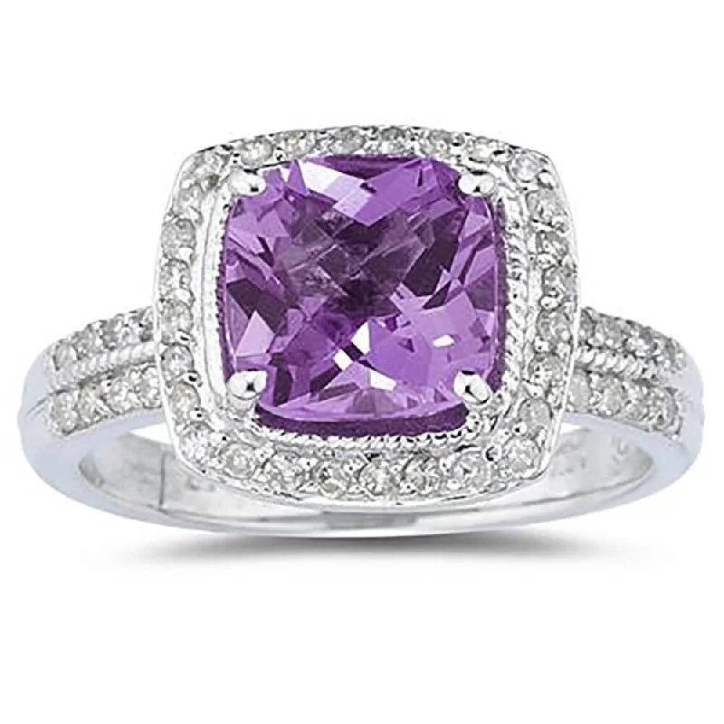 Iolite Gemstone Rings in 10K Gold with a Twisted Band for a Distinctive and Stylish Accessory2 1/2 Carat Cushion Cut Amethyst & Diamond Ring in 14K White Gold