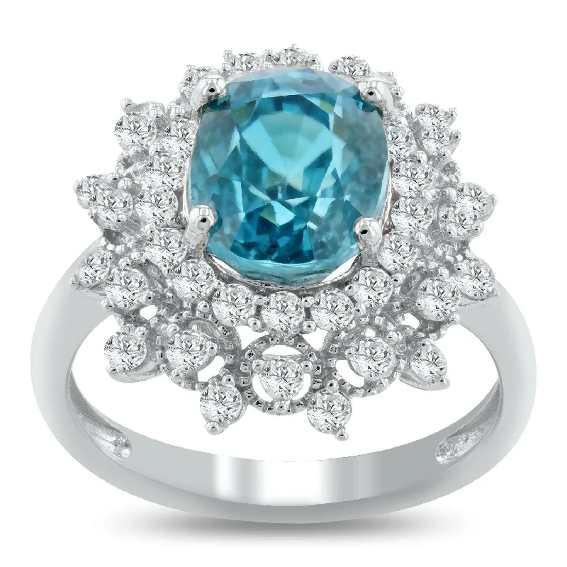 Tourmaline Gemstone Rings in 18K Two - Tone Gold with a Floral - Shaped Setting for a Feminine TouchAuriya 14k White Gold 5 5/8ct Oval-Cut Blue Zircon and 3/4ctw Halo Diamond Engagement Ring