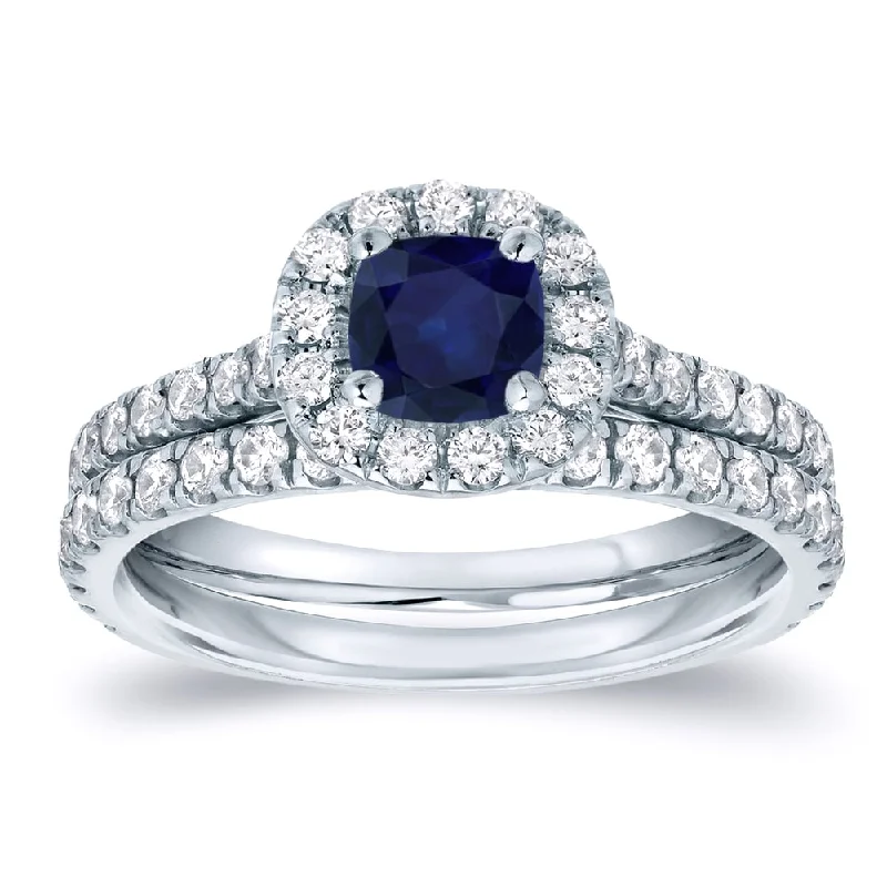 Topaz Gemstone Rings in 10K Gold with a Channel - Set Design for a Contemporary and Durable OptionAuriya Platinum 2/5ct Blue Sapphire and 3/5ctw Halo Diamond Engagement Ring Set