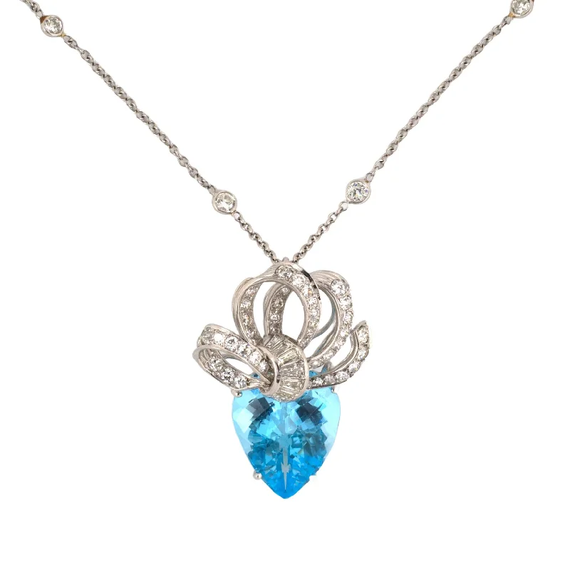 Statement - Making Large - Gemstone - Studded Geometric Pendant Necklace for Evening PartiesBlue Topaz & Diamond Ribbon Bow Pendant Necklace