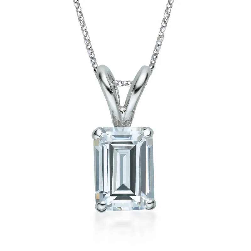 Custom - Engraved Initial Pendant Necklace in Sterling Silver for Mother's Day GiftEmerald Cut solitaire pendant with 1 carat* diamond simulant in 10 carat white gold