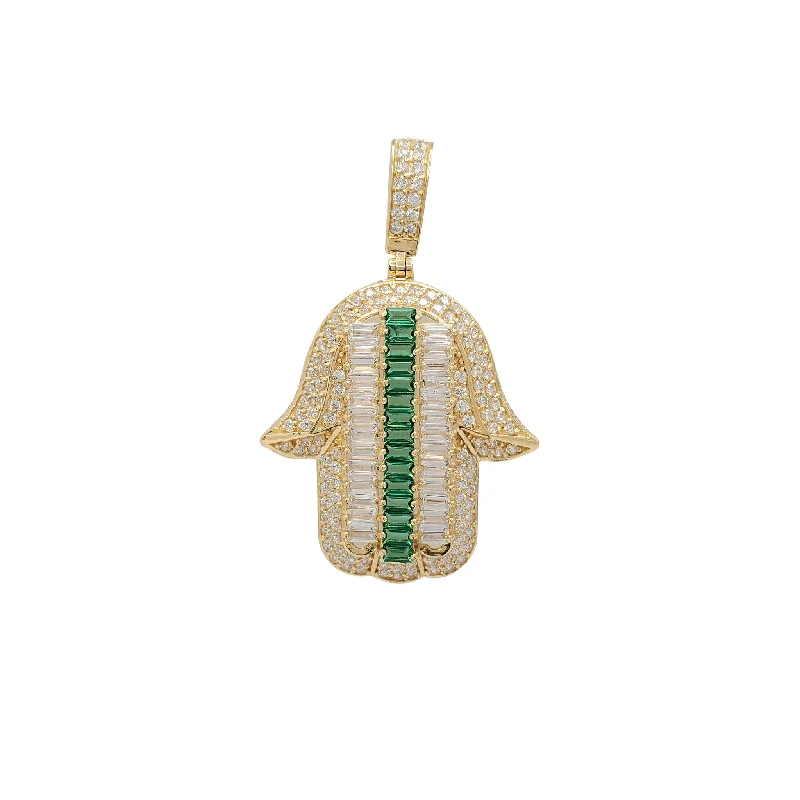 Handmade Leather - Wrapped Crystal Pendant for a Bohemian AestheticIcy Green Baguettes Hamsa Hand Pendant (14K)