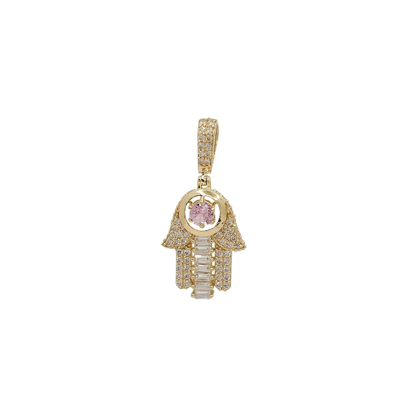 Double - Heart Pendant with Interlocking Design for CouplesIcy Pink Bezel Hamsa Hand Pendant (14K)