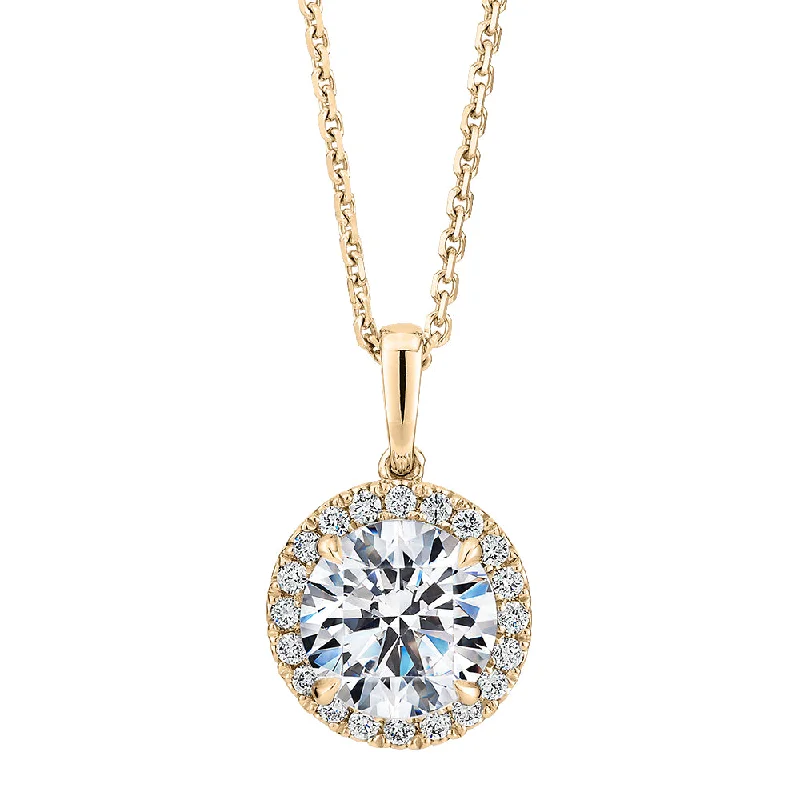 Magnetic - Closure Pendant Necklace with a Hidden Compartment for Secret KeepersPremium Certified Laboratory Created Diamond, 1.66 carat TW round brilliant halo pendant in 18 carat yellow gold